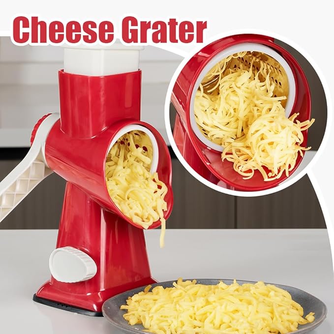 Cheese Grater Hand Crank Rotary Vegetables Shredder with Handle, 3-in-1 Graters with Interchangeable Blades and Non-slip Base Multifunctional Slicer for Kitchen
