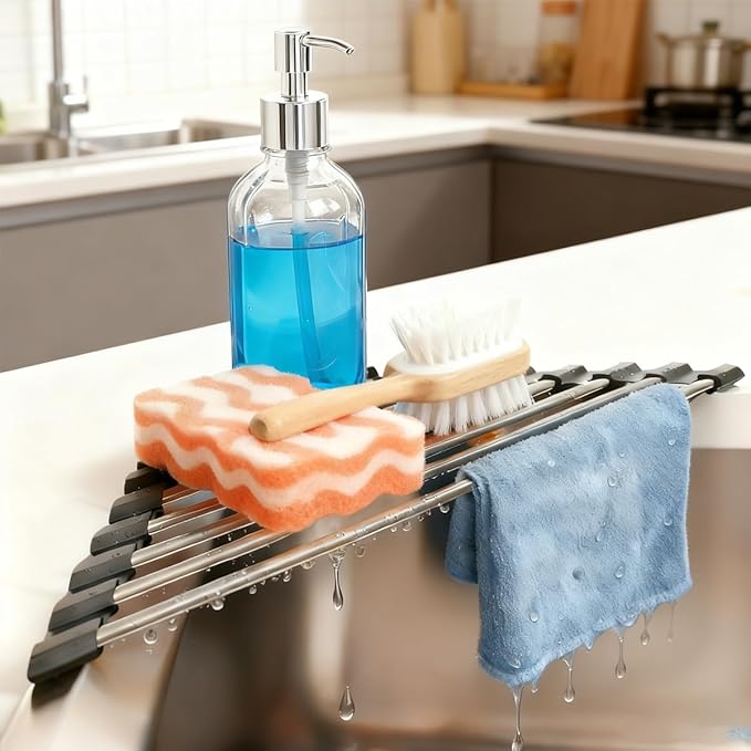 Credon Triangle Roll Up Dish Drying Rack, Foldable Multipurpose Corner Sink Caddy, Stainless Steel Anti Slip and Rust Proof Kitchen Sink Drainer Organizer, Small Space Solutions (Black)