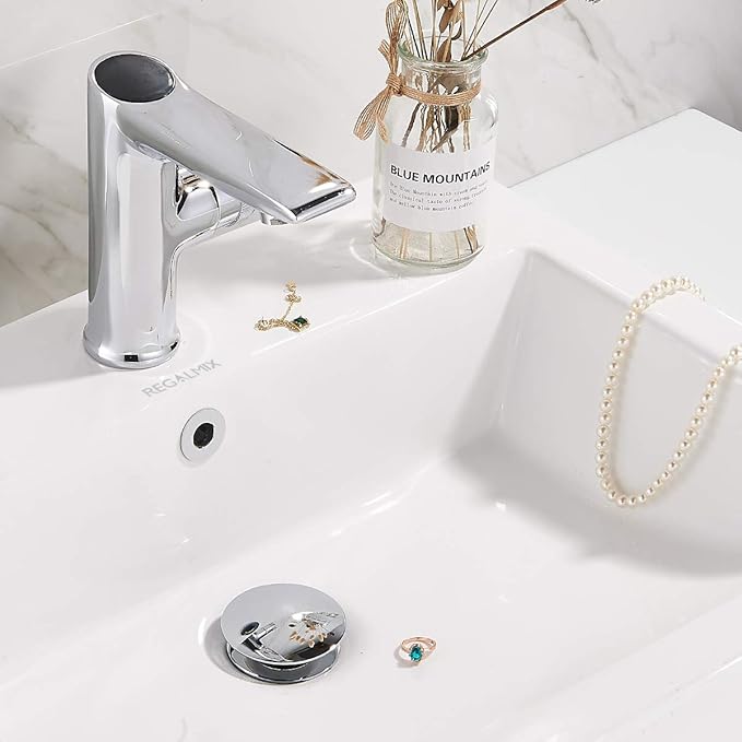 REGALMIX Bathroom Sink Drain with Detachable Hair Catcher Basket, Pop Up Drain Stopper with Overflow Anti-Clogging Vanity Vessel Sink Drain, Polished Chrome 2 Pack All Metal, RM083H-P2