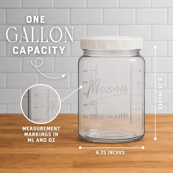 kitchentoolz Extra Large Mason Jar - 1 Gallon Glass Wide Mouth Jar with Airtight Plastic Screw on Lid, Food Storage Container with Measurement Marks Pack of 1