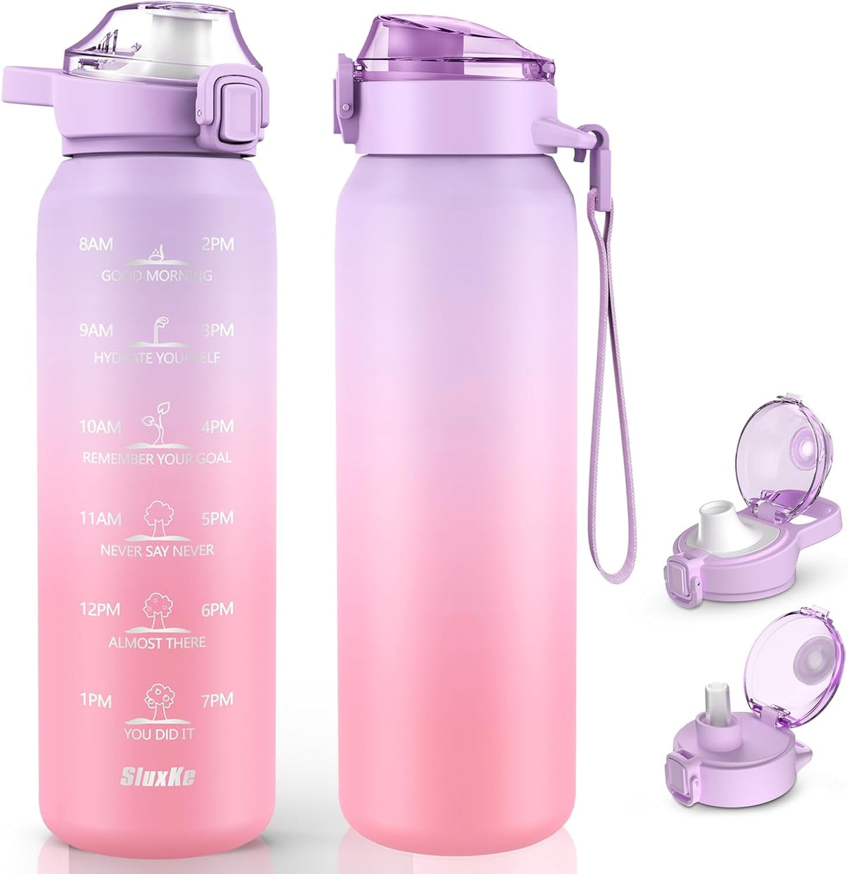Stainless Steel Insulated Water Bottle 32oz with Handle, 1L Double Wall Insulated Bottle with Time Marker BPA Free, 1000ml Metal Water Flask for Outdoor Working School PURPLE PINK