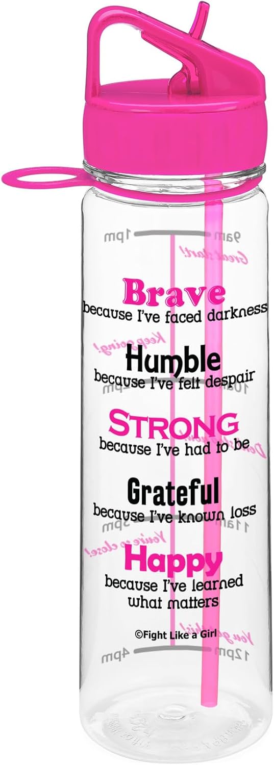Brave SlimKim 30 oz Motivational Water Bottle with Time Marker & Straw for Breast Cancer Awareness - Reusable Clear Water Bottle for Workout, Gym, Travel - Hot Pink