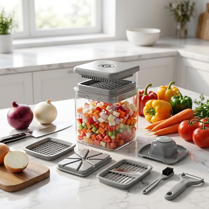 13-in-1 Vegetable Chopper with Container – Manual Veggie & Onion Food Chopper, Multifunction Vegetable Dicer for Fast Meal Prep, Kitchen Chopper with Stainless Steel Blades