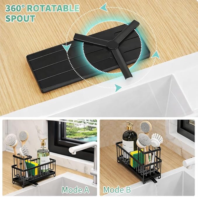 Success Goods Kitchen Sink Caddy Organizer – Stainless Steel Sponge Holder with Brush Holder, Countertop Dish Soap Rack, Black