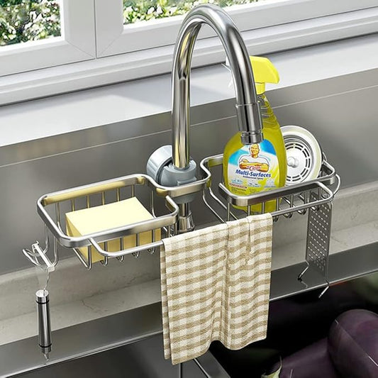 Silver Faucet Sponge Holder - 2 Towel Rack Kitchen Sink Organizer