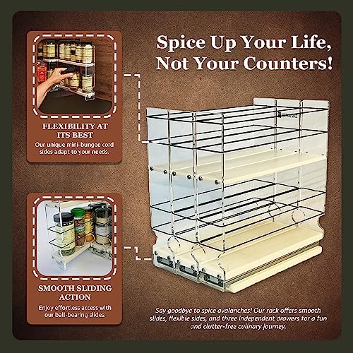 Cabinet Mounted Spice Rack Drawer - Pull Out Cabinet Organizer - Cupboard Organizers & Storage - Pantry Shelves - 30 Reg. Jars, 3 Drawers, 2 Tiers (6.9" W x 10.75" H x 10.6" D, Cream)