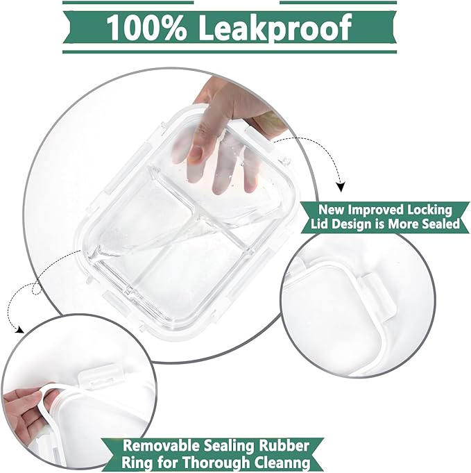 HOMBERKING 8 Pack Glass Meal Prep Containers 3 Compartment, 33oz Glass Food Storage Containers with Lids, Airtight Lunch Bento Boxes, BPA-Free & Leak Proof (Set of 8) - White