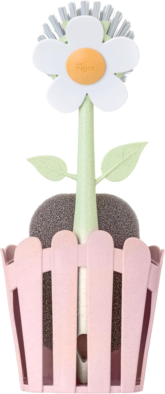 Vigar Florganic Kitchen Sink Caddy Organizer - Dish Sponge Holder with Flower Dish Brush, Suction Cup & Sponge for Kitchen Sink, Decorative Kitchen Sink Accessories Countertop Storage Set - Pink