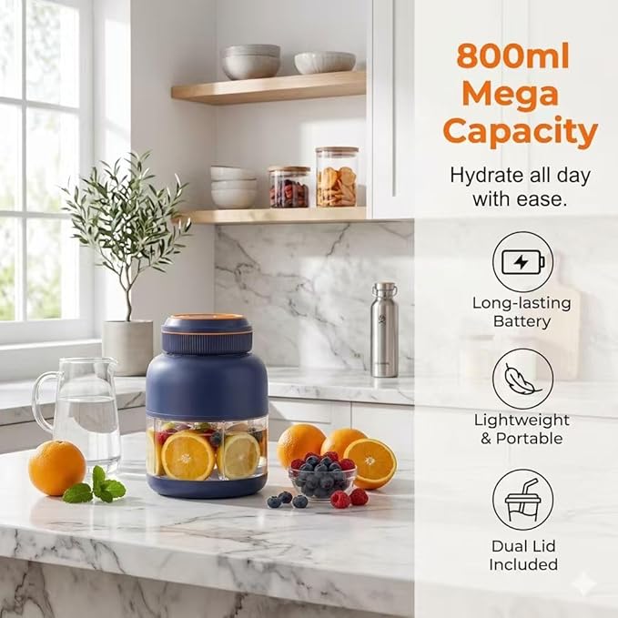 Portable Appliances Juicer, 2026 New 44oz Personal Size Blender for Shakes and Smoothies, Dual Lid Compact Travel Drinking Cup with Leakproof Handle for Office Outdoor (Blue, 800, Milliliters)