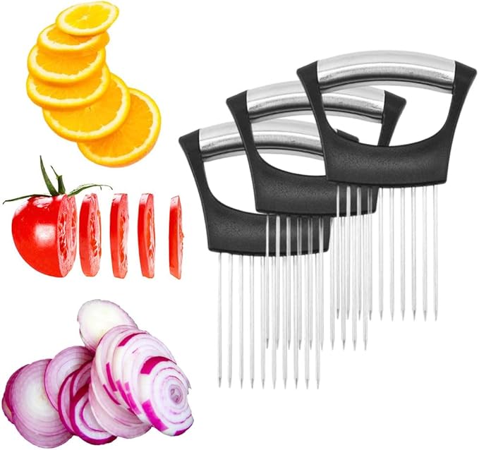 2025 New Onion Holder for Slicing, Stainless Steel Onion Slice Holder Lemon Slicer Vegetable Cutter, Kitchen Gadgets Chopper Slicing Assistant Tool for Meat, Onion, Potato, Tomato (3 Pcs)