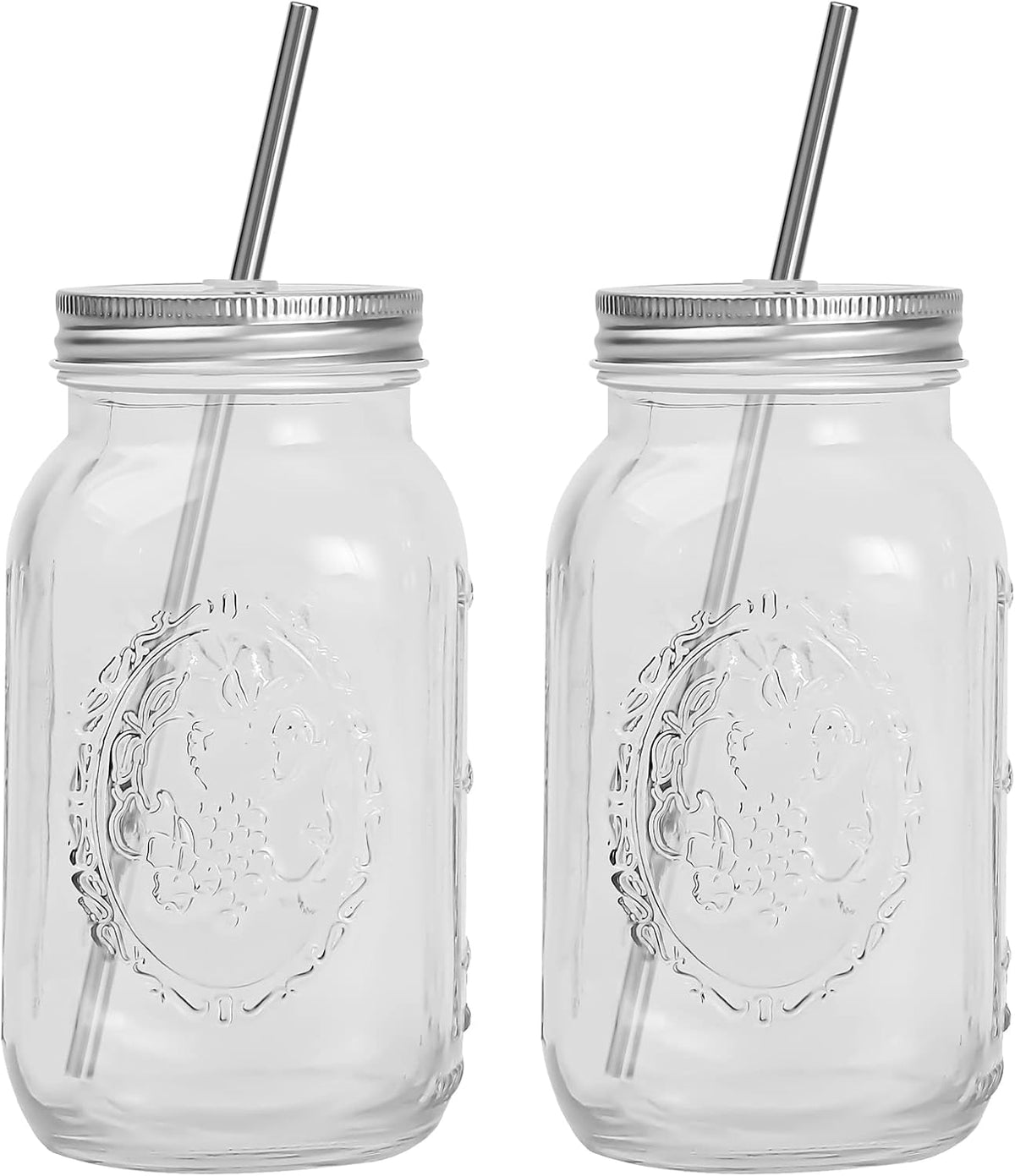 Smoothie Cups, Glass Mason Drinking Jar, 24oz Smoothie Cups with Lid and Stainless Steel Straw, Drinking Mugs, Tea Cup Travel Mug, Ideal for Juice, Milk (Pack Of 2, Clear)