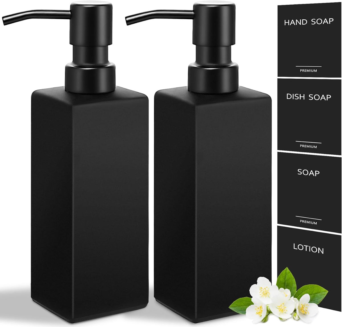 Black Soap Dispenser, Hand Soap Dispenser Bathroom, 12oz Glass Soap Dispenser with Stainless Steel Pump, Liquid Dish Soap Dispenser for Kitchen, Modern Bathroom/Kitchen Soap Dispenser Set