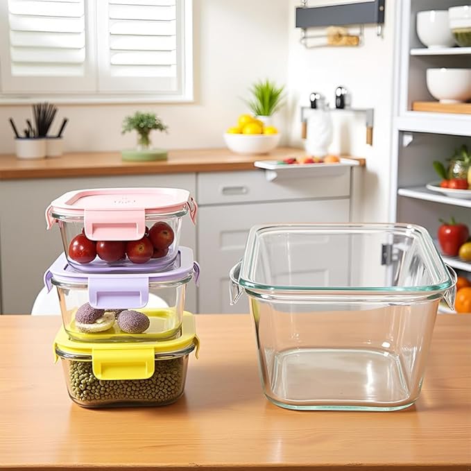 8 Pcs Square Glass Food Storage Container with Lids, 16OZ Square Glass Meal Prep Containers Set, 2 Cup glass Food Storage for Lunch Salad, Microwave, Oven, Freezer, Dishwasher Safe (4 Pack)