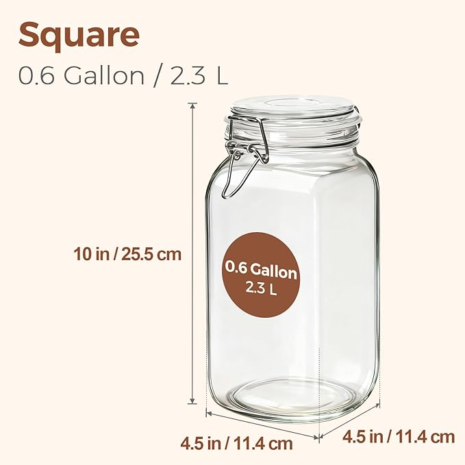 ComSaf 3-Pack 78oz Large Square Airtight Glass Jars for Bulk Food, Holds a 4lb Bag of Sugar or 5lb of Rice, Wide Mouth Canister for Flour, Coffee & Pantry Organization