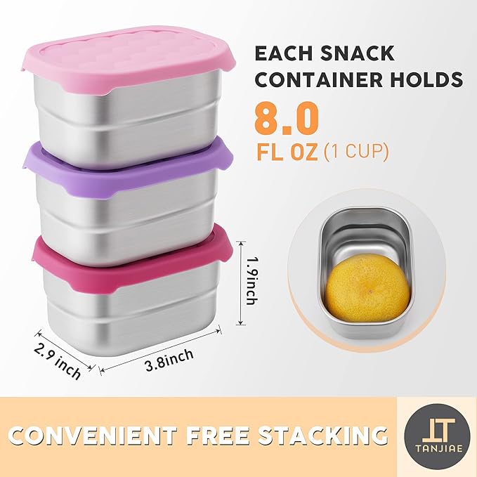 Tanjiae Small (1 CUP) Stainless Steel Snack Containers for Kids | Easy Open Leak Proof Food Containers with Silicone Lids - Perfect Metal Toddler Lunch Box for Daycare and School (8oz)