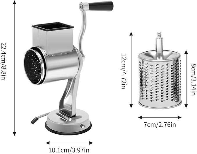 5-in-1 Stainless Steel Rotary Cheese Grater & Vegetable Slicer with 5 Interchangeable Blades, Countertop Cheese Grater Manual Kitchen Shredder Round Food Chopper for Fruit, Vegetables, Nuts and More