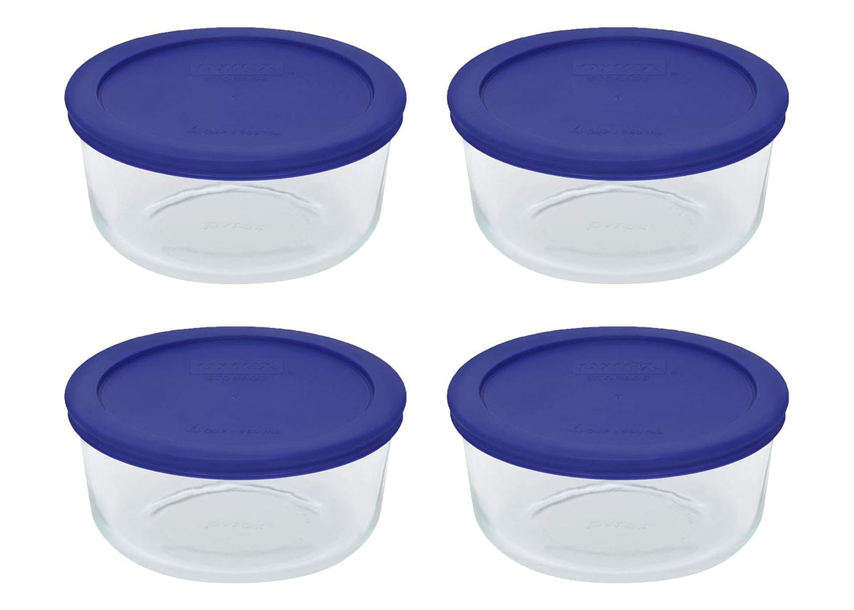7201 (4-Cup) Glass Bowls & Cadet Blue Lids (4-Pack) - Made in USA