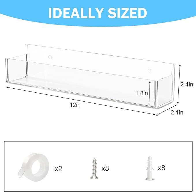 VAEHOLD 4PACK Adhesive Acrylic Spice Rack with Nano Double Sided Tape Wall Mount Organizer (White)