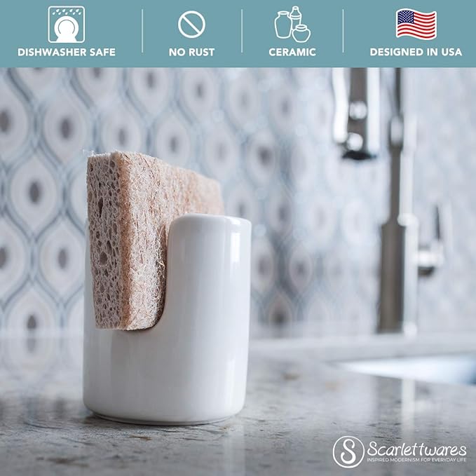 scarlettwares Ceramic Dish Sponge Holder for Kitchen Sink Dishwasher Safe Farmhouse Elegant Cute Sturdy