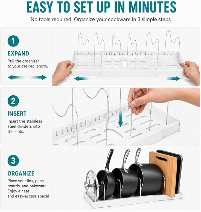 Pot Rack:Expandable Pan Organizer for Cabinet,Pot Lid Holder with 6 Adjustable Compartment for Kitchen Cabinet Cookware Baking Frying Rack,Apricot
