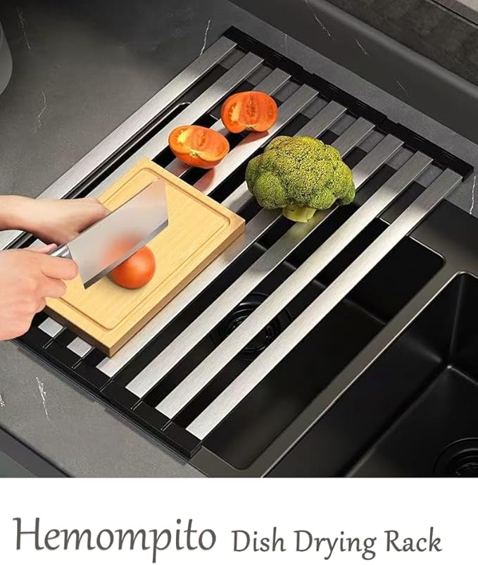 17.72" Dish Drying Rack Over the Sink, 1.28lb Heavy-Duty 304 Stainless Steel, Non-Slip Silicone Edges, Folding Space-Saving for Home & RV Kitchen, Dish Drainer, Cooling Rack & Sink Cover