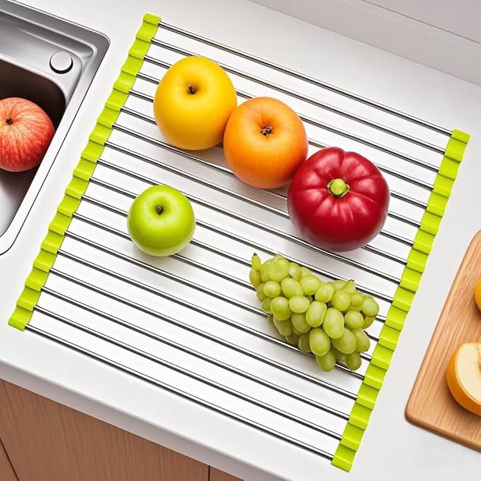 Roll Up Dish Drying Rack, Stainless Steel and Silicone Dish Drying Mat Over The Sink Foldable Drain Rack Multipurpose Dish Drainer for Kitchen, 14.5” x 14”, Green