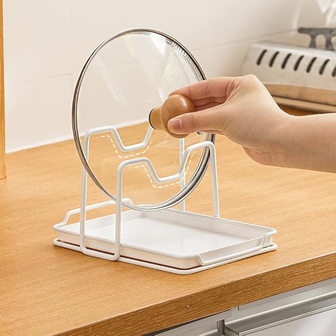 Poeland Pot Lid Holder, 2 Layers Pot Lids Organizer Multifunctional Lid and Spoon Rest Rack with Drip Tray for Lids, Spatulas, Spoons, Cutting Boards