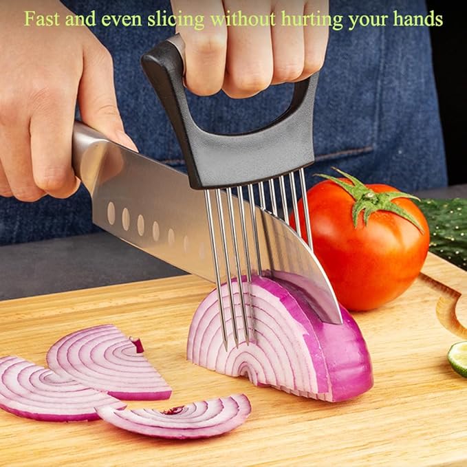 Onion Slicer Holder with Protective Cover, Lemon Slicer Holder Onion Cutter, Vegetable Cutter Kitchen Chopper Slicing Assistant Tool for Tomato Meat