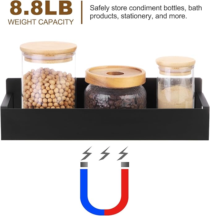 uxcell 2pcs Magnetic Spice Rack Organizer, Black Iron Fridge Shelf, Tiered Shelf, Space Saving, 8 lbs Weight Capacity, 10.6x3.3x3 & 11.6x3.7x3 Inches, Kitchen, Metal Surfaces