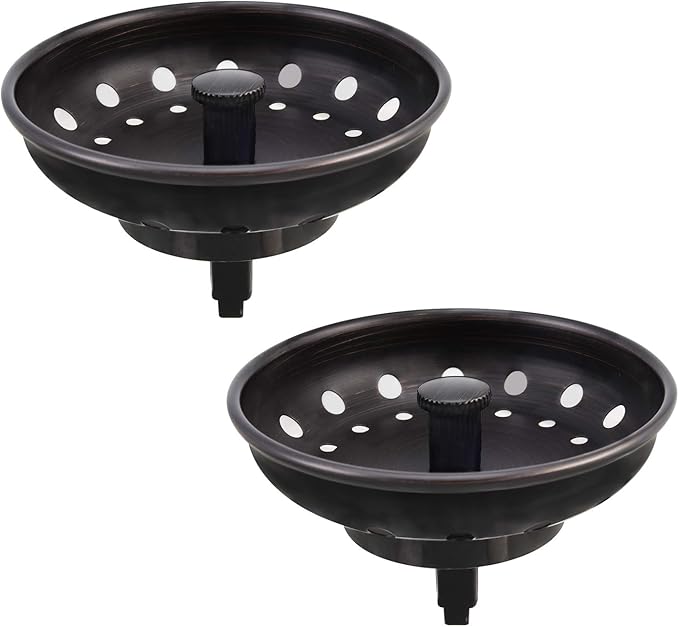 KONE Kitchen Sink Stopper and Strainer 2 Pack Oil Rubbed Bronze Sink Basket Strainer Replacement for Standard 3-1/2 inch Drain, Stainless Steel ORB Body Metal Center Knob with Rubber Drain Stopper