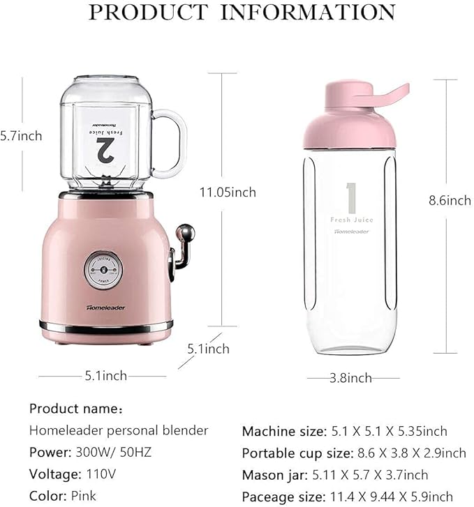 Smoothie Blender, Homeleader Portable Personal Blender with 6 Sharp Blades for Shakes and Smoothies, 21oz Travel Cup and Lids, Pink