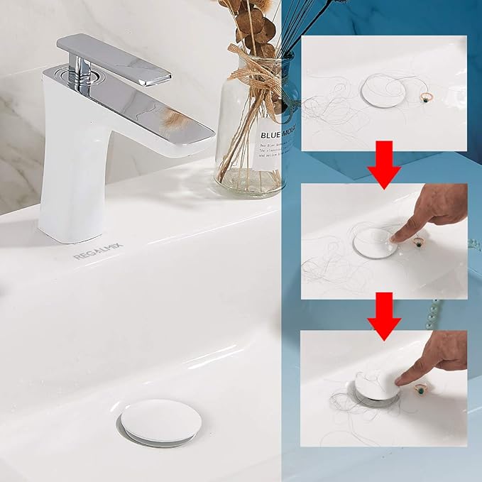 REGALMIX Pop Up Drain, Bathroom Faucet Vessel Vanity Sink Drain Stopper, Built-in Anti-Clogging Strainer, Without Overflow White,Fits Standard American Drain Hole(1-1/2" to 1-3/4") RWF082E