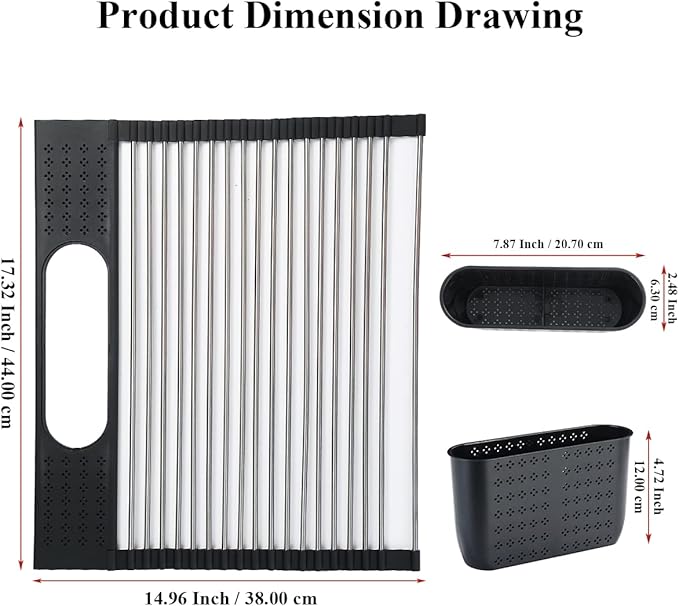 Berglander Dish Drying Rack Over The Sink, L17.5 by W 15" Rollable Stainless Steel Dish Rack with Removable Storage Basket, Perfect for Kitchen Sink
