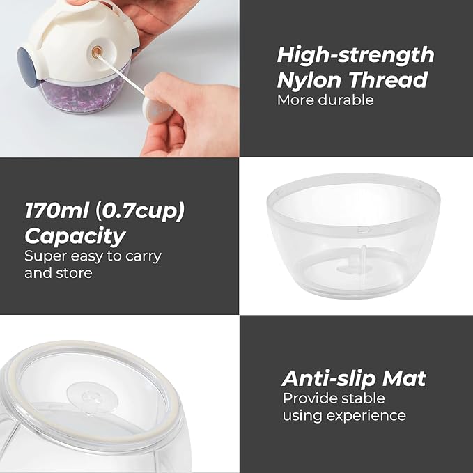 Mini Manual Vegetable Chopper Portable Pull String Food Chopper 170ml - Sharp Blades Garlic Mincer with Container Onion Cutter for Ginger, Chili, Fruit, Meat, Nuts