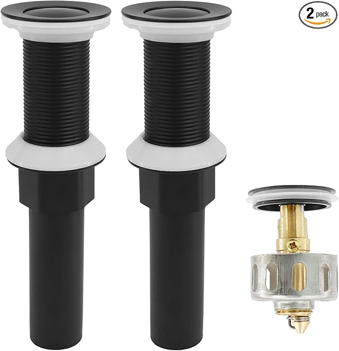 Bathroom Sink Drain,2 Pack Matte Black Drain Stopper Without Overflow,Small Cap Pop Up Drain Assembly with Detachable Strainer Basket,Built-in Anti-Clogging, Stainless Steel Nut