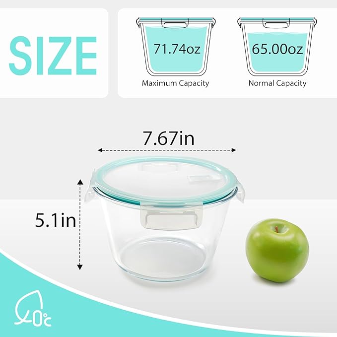 NUTRIUPS 2.1L Glass Food Storage Containers with Lids, 7.6×5in Deep Round Meal Prep Containers, Glass Mixing Bowls With Lid (one piece)