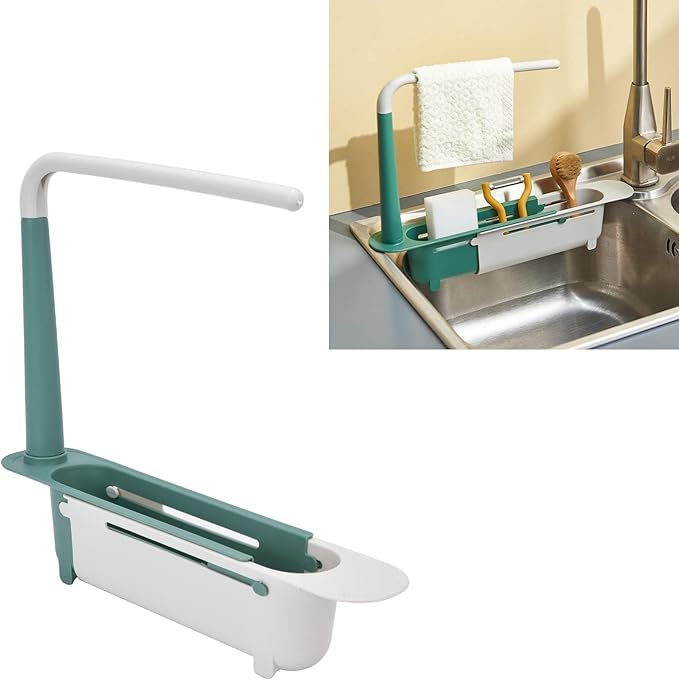 Telescopic Sink Rack, Humanized Design Telescopic Sink Storage Rack Pulling for Home for Kitchen (Green)