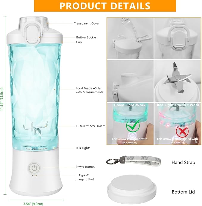 Portable Blender, 20oz Powerful Personal Blender Shakes and Smoothies USB Rechargeable - Efficient Safe On The Go Blenders Fruit Juicer Cup Kitchen Gym Office Outdoor Sports