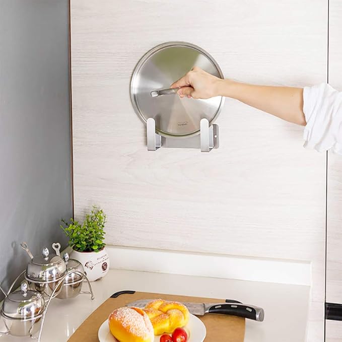 Pot Lid Rack, Wall Mounted 304 Stainless Steel Multi-Functional Storage Holder, Fits Cutting Boards, Pot Lids, Bathroom Scales, Self-Adhesive & Screw Mounting, Kitchen & Bathroom Organize(Silver)