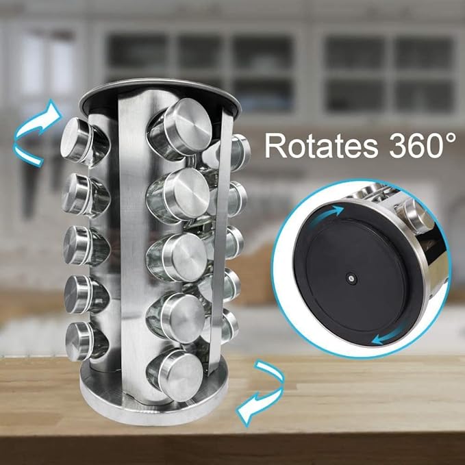 360° Rotating Spice Rack with 16 Glass Jars – Stainless Steel Countertop Seasoning Organizer with Airtight Lids, Labels, Funnel & Gift Box – Kitchen Storage for Herbs & Spices