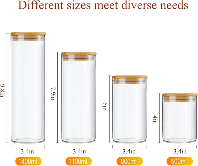 Qinyoung Glass Storage Jars with Wooden Lids, 4 Sizes Food Storage Containers Clear Stackable Canisters Airtight Glass Jars for Candy Cookie (Clear, Light Brown, 15oz 25oz 34oz 42oz, 24 Pcs)