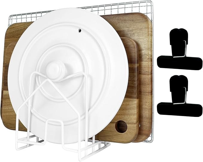 SUNFICON Cutting Board Holder W 2 Chip Bag Clips 304 Stainless Steel Chopping Board Rack Pot Lid Organizer Inside Cabinet Pot Cover Cookie Sheet Bakeware Serving Tray Cooling Rack Stand Kitchen White