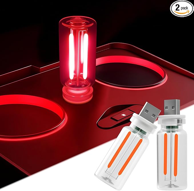 LYCARESUN 2 PCS Car USB Night Light Bulb, Touch Dimmable Car Interior Ambient Lights, Portable Mini USB Retro Glass Bottle Lamp Decorations for Vehicle, Bedroom, Hallway, Camping (Red)