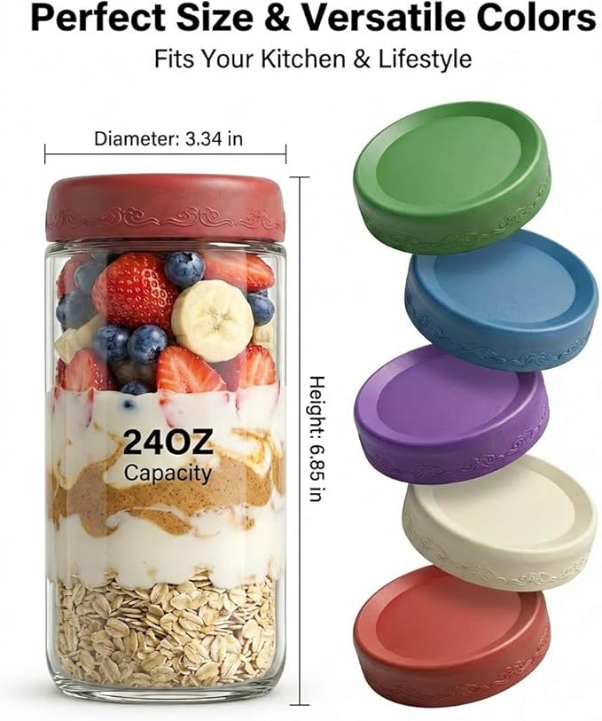 24oz 4Pack Glass Overnight Oats Jars Containers with Airtight Leakproof Lids, Reusable Mason Jars for Meal Prep, Yogurt Parfaits, Smoothies, Salads & Healthy Breakfasts (24 OZ-4-1)