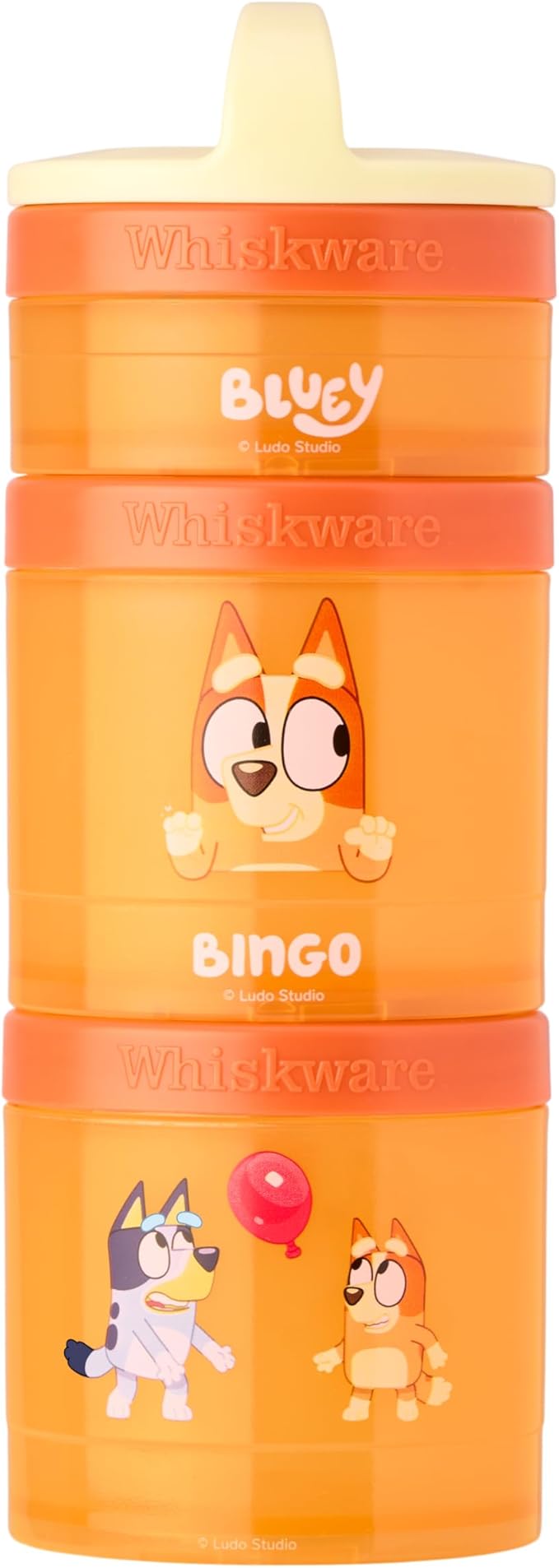 Whiskware Bluey Stackable Snack Containers for Kids and Toddlers, 3 Stackable Snack Cups for School and Travel, Bluey and Bingo, Hooray! (Pack of 1)