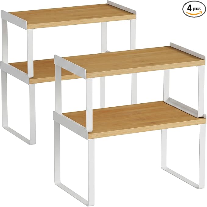 Goozii Kitchen Cabinet Organizer Set of 4, Desk Shelf Riser, Stackable Cabinet Pantry Cupboard Organizer, Kitchen Counter top Shelf, Storage Rack for Spices, Plates, Bamboo Wood, White