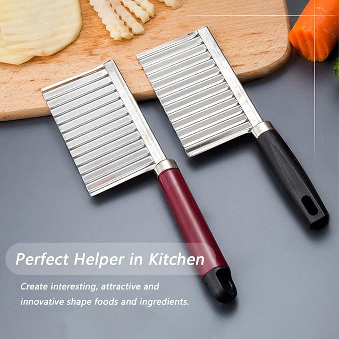 Crinkle Cutter Knife Stainless Steel Cutting Tool for Potato Carrot Chip Vegetable French Fry, Wavy Chopper Wave Slicer Steel Blade, Kids Lunch Accessories (Longer Red Handle)