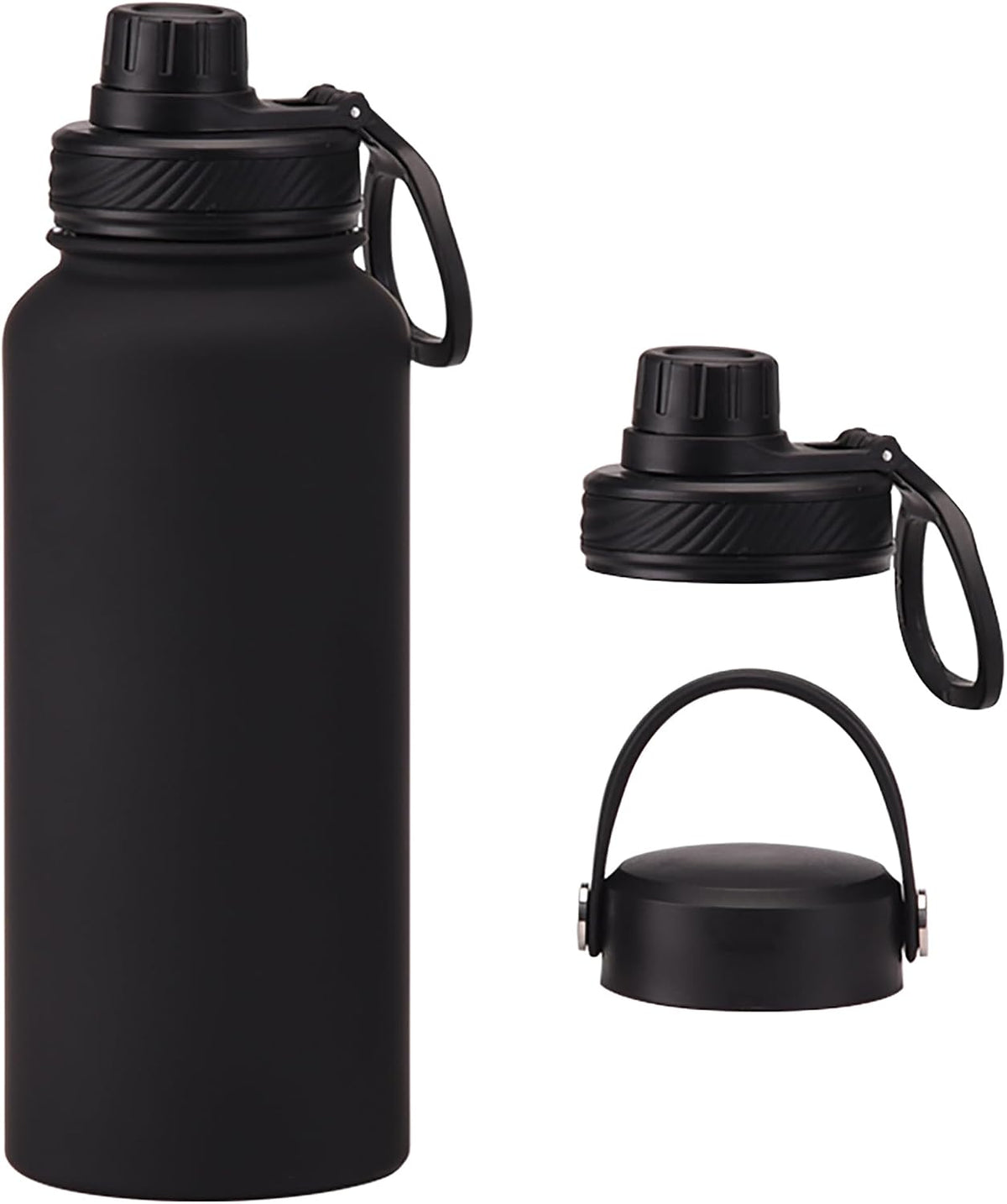 Black 32 oz Insulated Metal Stainless Steel Water Bottle 2 Lids