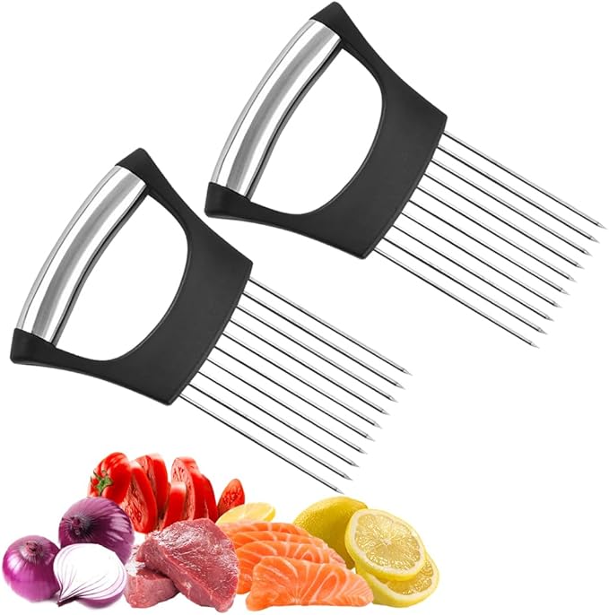 Onion Holder for Slicing, 2025 New Stainless Steel Onion Slice Holder Lemon Slicer Vegetable Cutter, Kitchen Chopper Slicing Assistant Tool for Meat, Onion, Potato, Tomato (B-2PCS)