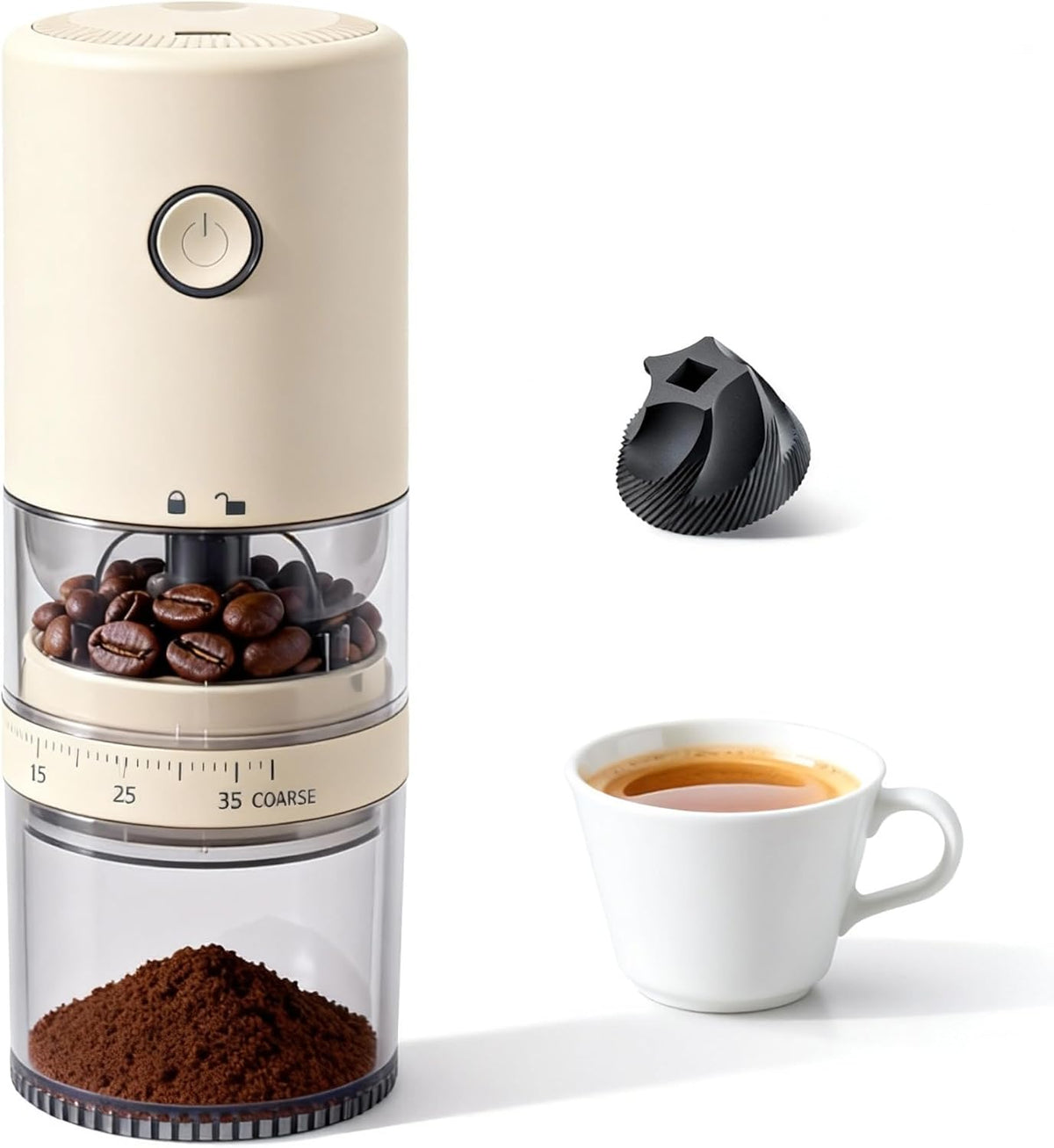 Portable Electric Burr Coffee Grinder, E96T, Light Beige